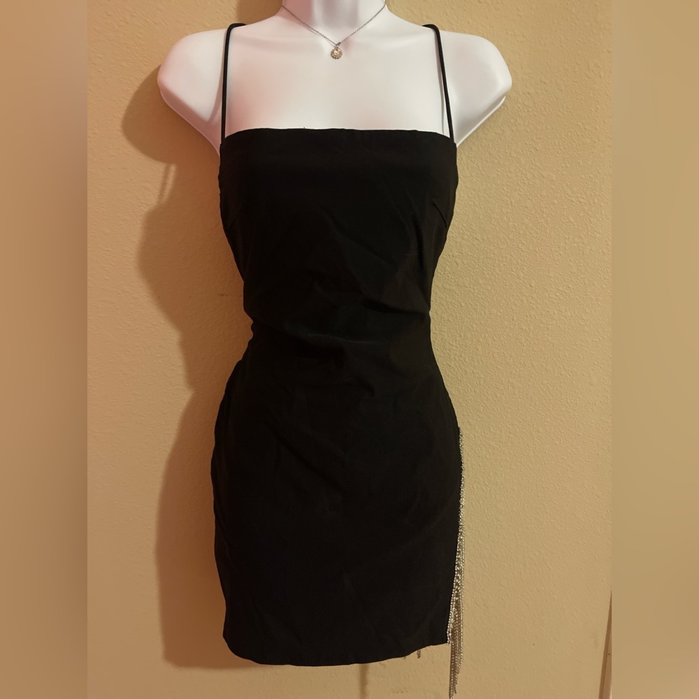 White Fox Boutique Black Strapless Dress with Chain Detail